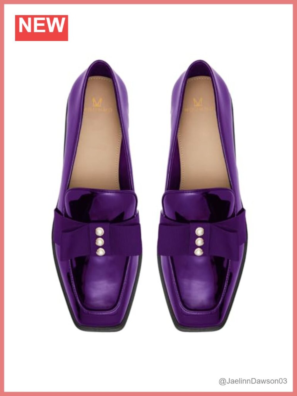 Chunky Heel Bow Loafers Square Toe Pearl Faux Leather Slip On
